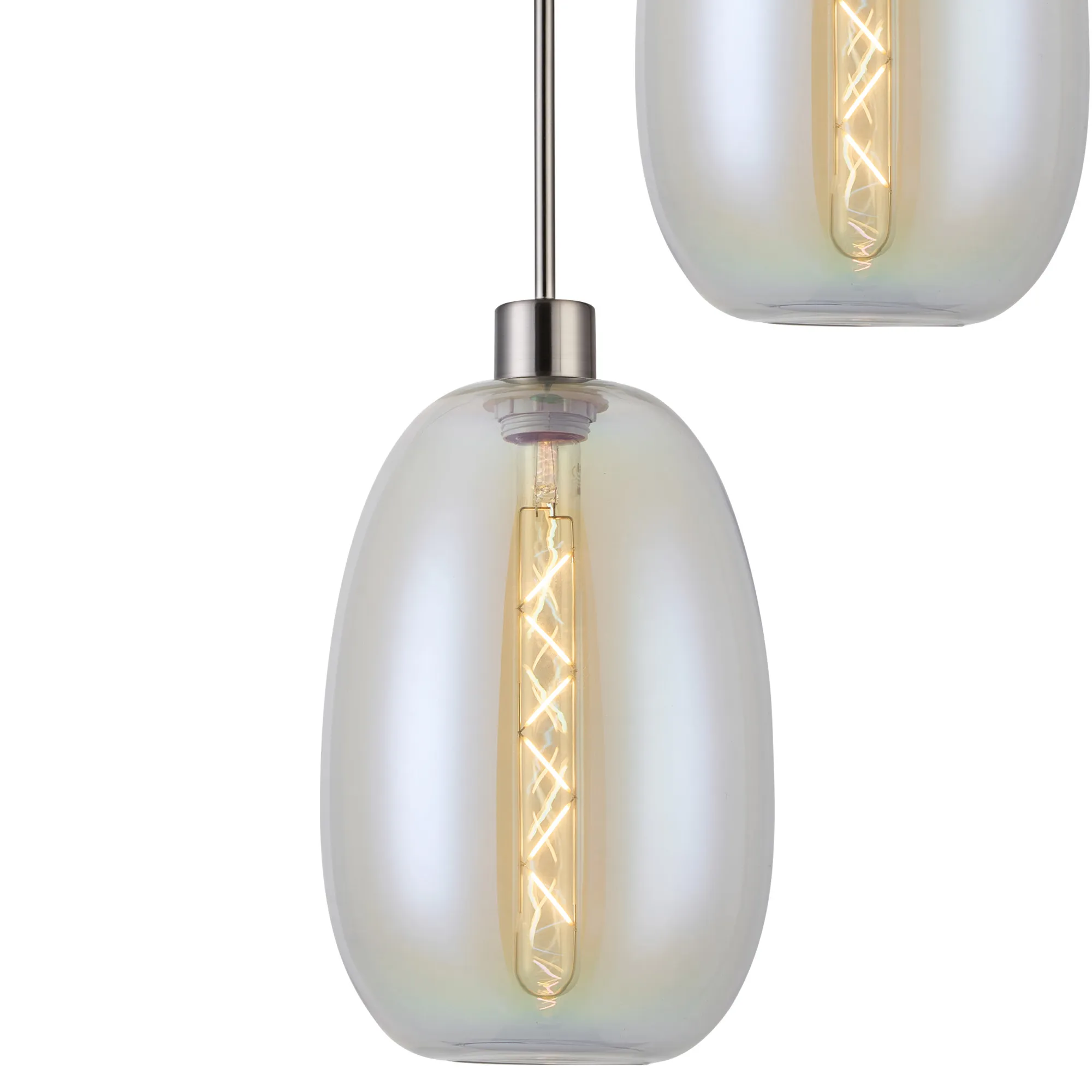 Lori 40cm Round Pendant, 3 Light Adjustable E27, Satin Nickel/Iridescent Slim Curved Trapezium Shades DK1362  Deco Lori Satin Nickel